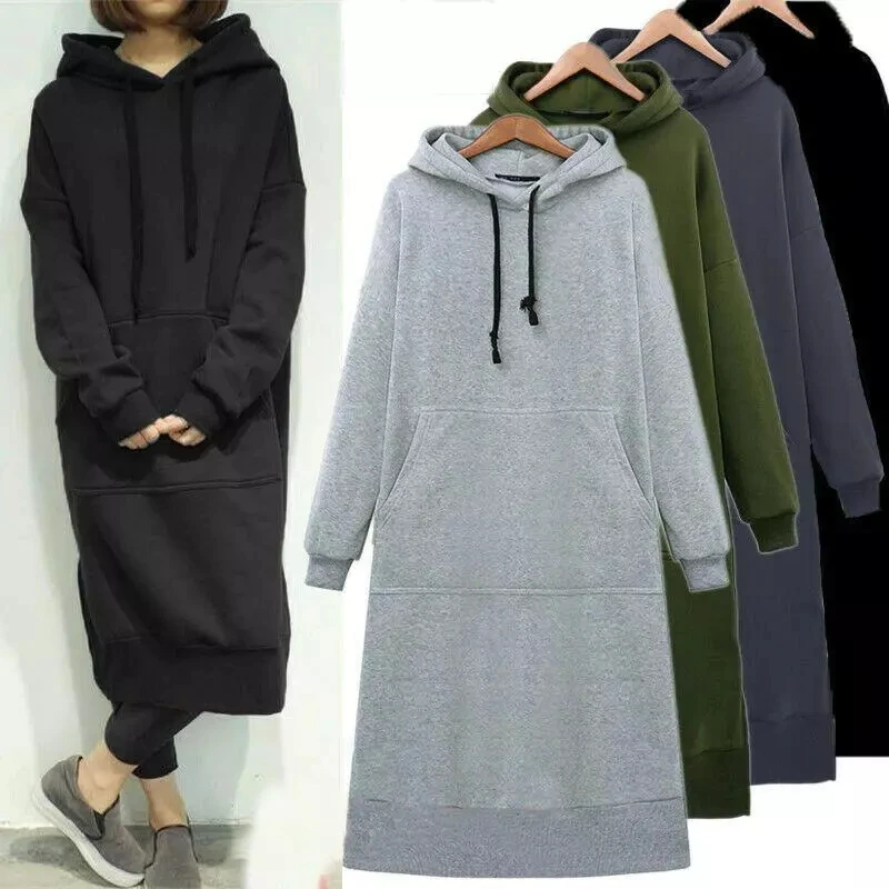 

Women Casual Hooded Dress Solid Drawsting Long Sleeve Sweatshirts Autumn Winter Oversized Pocket Pullover Harajuku Hoodie