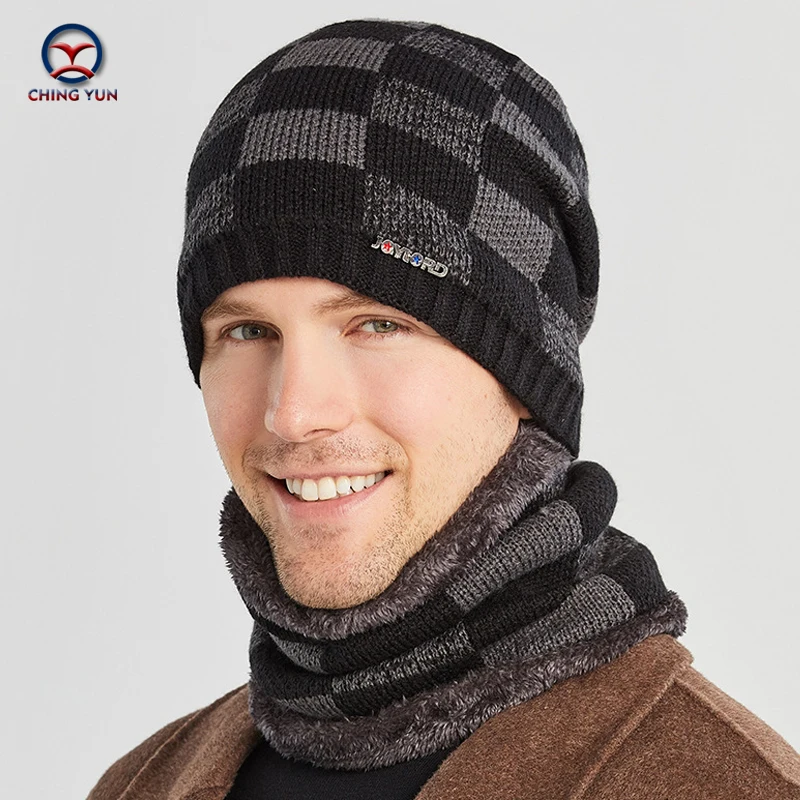 Winter New Men's Knitted Hat plus velvet warm men's outdoor Hats Fashion Double Thick Dual use of knitted wool Man hat and neck