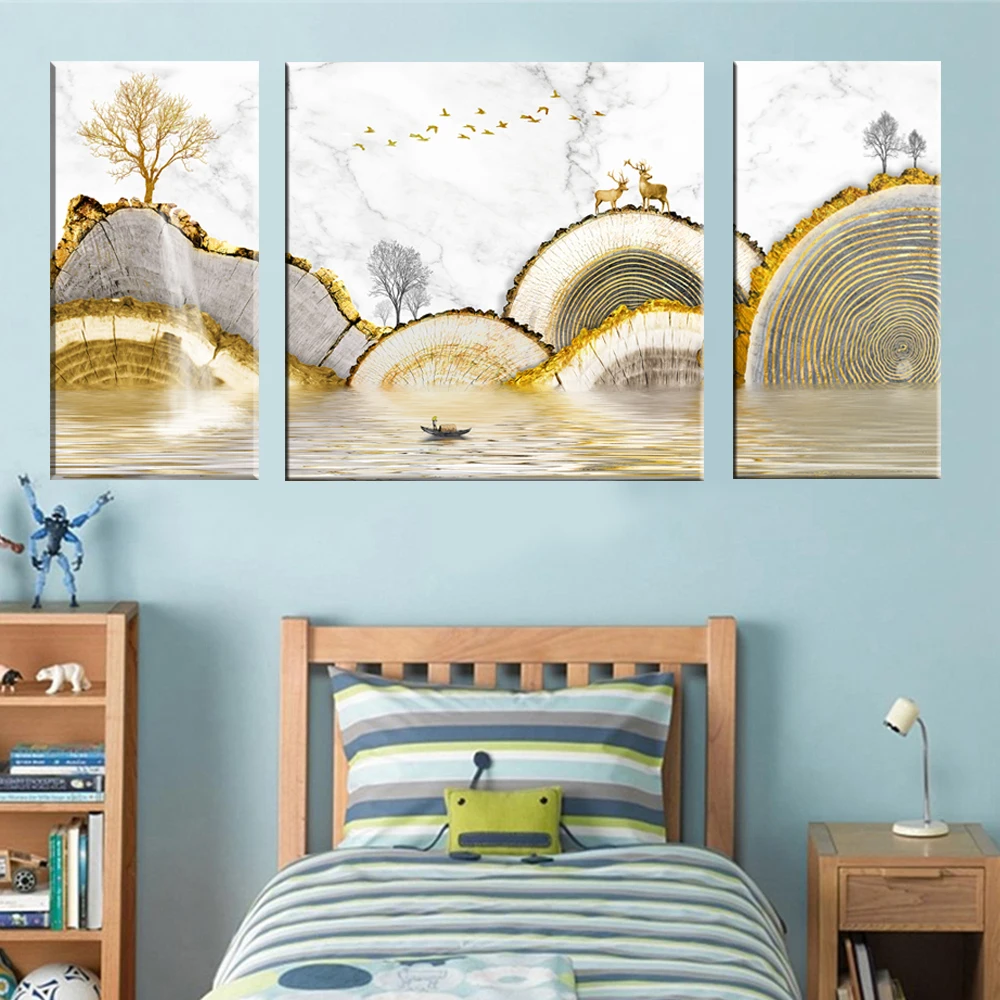 

3PCS Abstract Golden Wood Annual Ring Painting Minimalist Canvas Poster for Living Room Corridor Wall Art Wall Canvas Painting