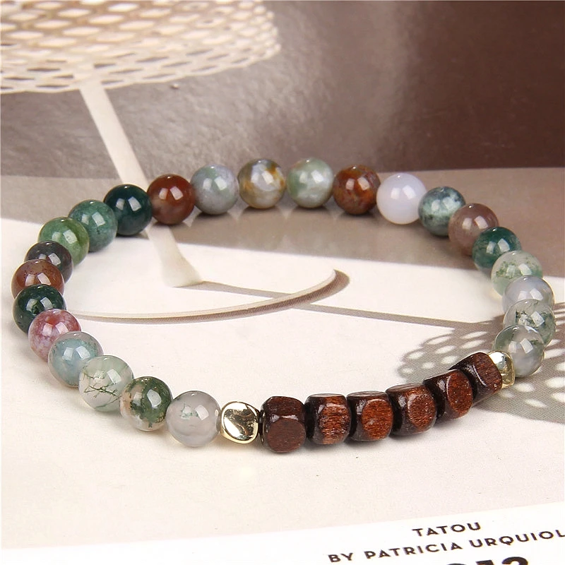 

6MM Natural Stone Bracelet Cube Wood Indian Agates African Turquoises Labradorite Beads Bracelets For Women Men Handmade Jewelry