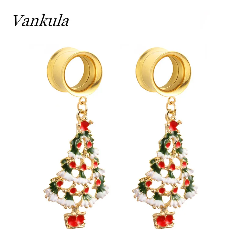 

Vankula 2PCS Gold Stainless Steel Ear Gauges Tunnels Stretchers Dangle Ear Plugs Piercing Body Jewelry Christmas Trees Gift