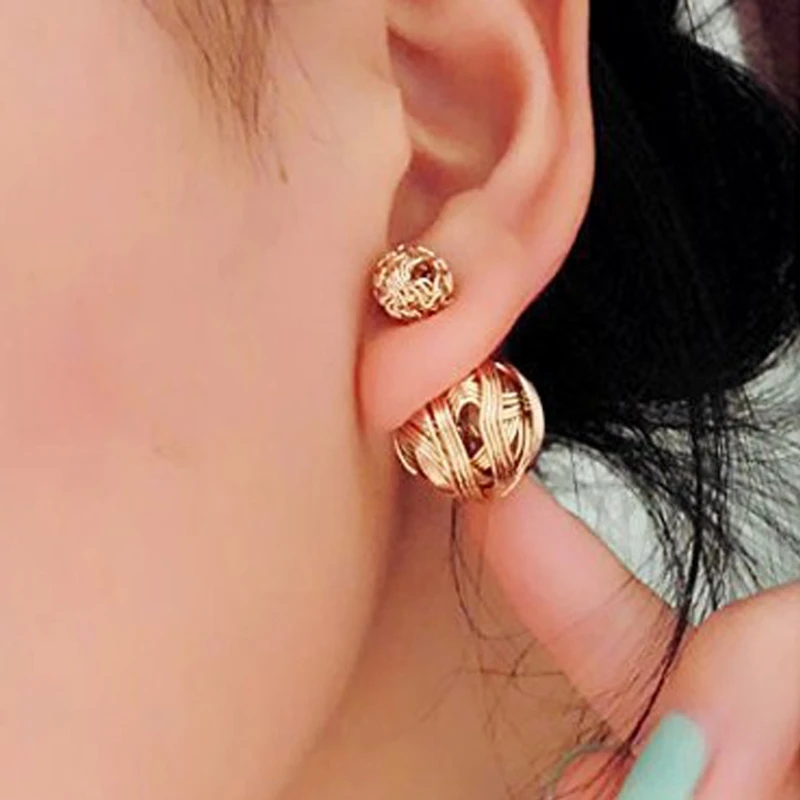 

3 Pairs Metal Wire Wrapped Double Sided Ball Earrings Set Fashion Jewelry