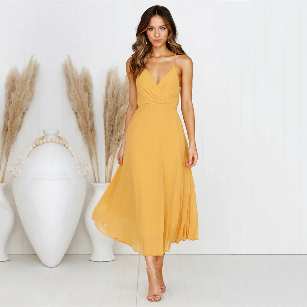 

2020 New Elegant Spaghetti Strap Pleated Dress For Women Summer V Neck Sexy Chiffon Dresses Beach Party White Vestidos