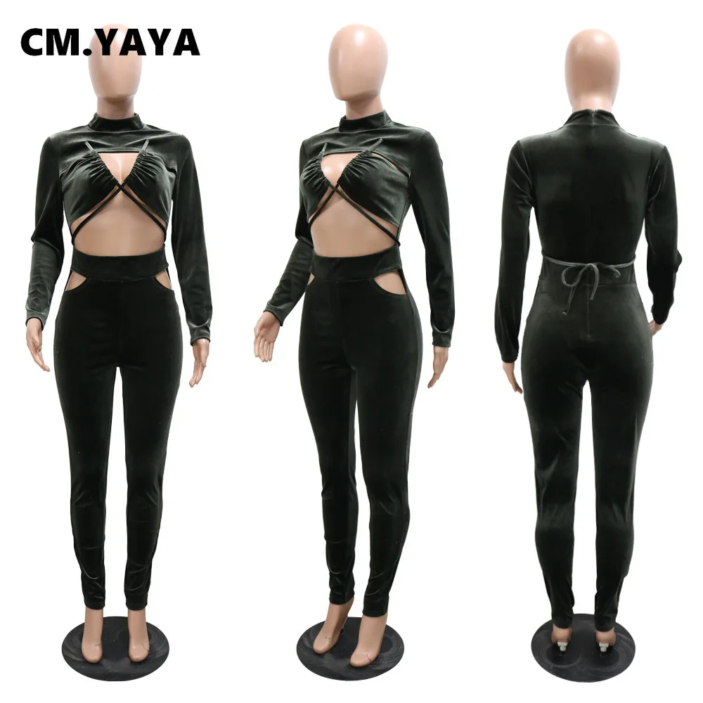 Женский бархатный Облегающий комбинезон CM.YAYA с вырезами и кружевом длинным