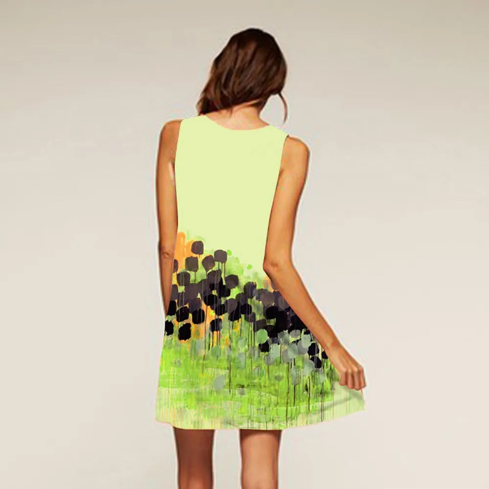 Women's Dress Loose Summer Sleeveless O-Neck Vadim 3D Floral Print Bohe Mini Dresses A-Line Vestido Vestidos Jurken M01 | Женская
