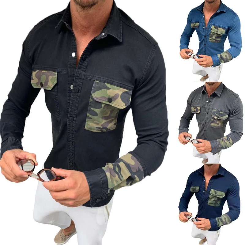 Новинка камуфляжная рубашка с принтом топы для мужчин сшитая джинсовая