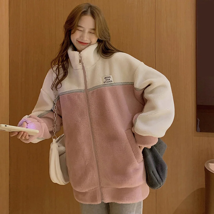 

Зимняя одежда, женский свитер, корейский Повседневный цветной контрастный комбинированный бархатный утепленный Флисовый жакет, женский св...