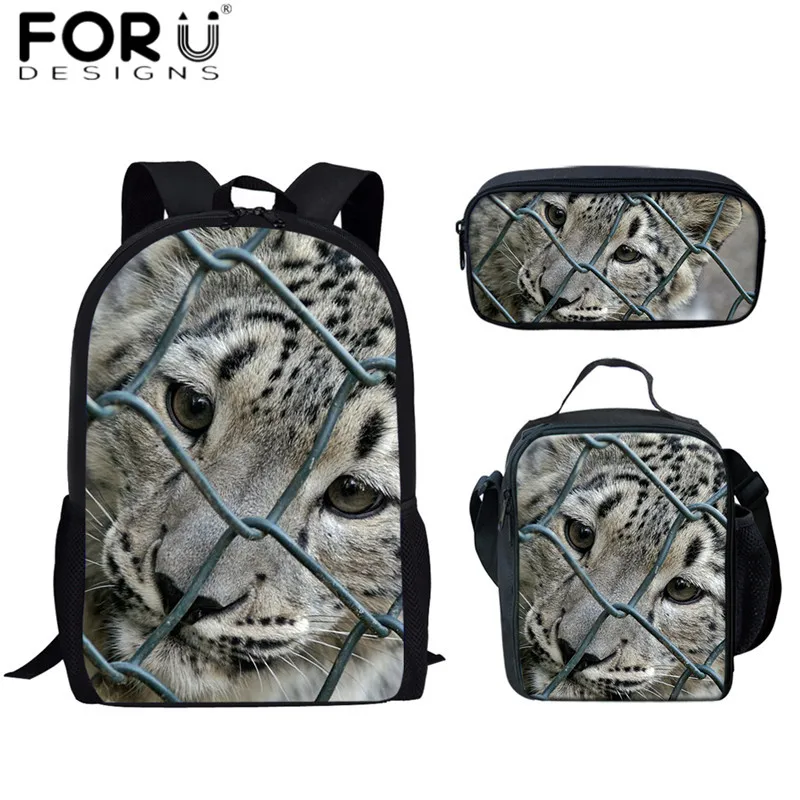 FORUDESIGNS/зимние леопардовые 3D школьные рюкзаки в виде животных, для женщин и детей, 3 шт./компл., рюкзаки, сумка для еды, пеналы для мальчиков, портфель - Цвет: HMA356CGK