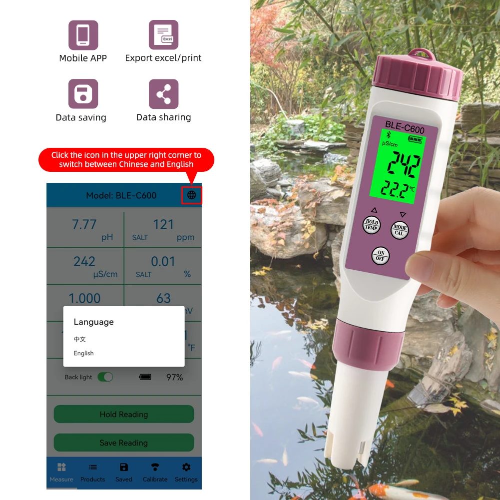 7 в 1 Temp ORP EC TDS минерализация S.G измеритель PH онлайн тестер качества воды с голубыми
