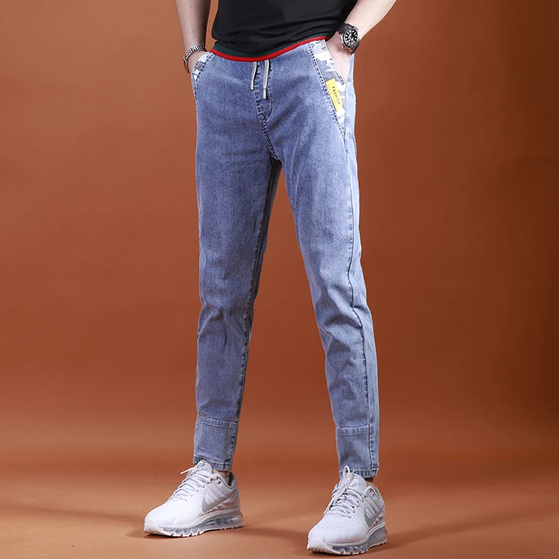 Summer Men's Light Blue Jeans Casual Camouflage Pockets Spliced Ankle-Length Pants Drawstring Denim Trousers