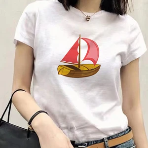 Women White T Shir Boat Print Oversized Tshirts 90s Girls Summer Short Sleeve Aesthetic Top Tee Ullzang Tshirt Streetwears