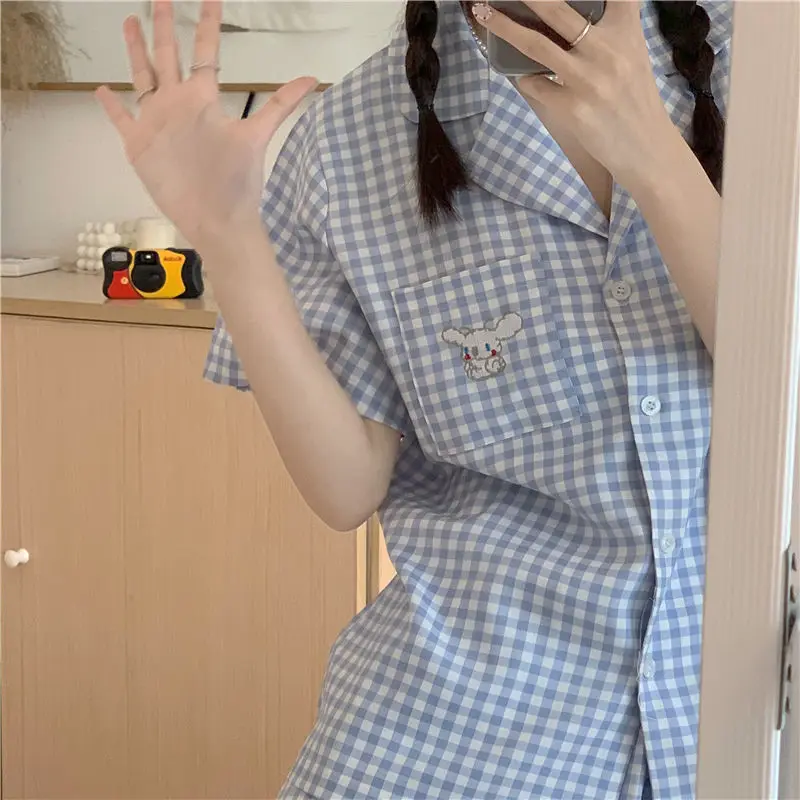 

QWEEK Plaid Pijama Kawaii Pajamas for Women Summer 2021 Sleepwear Puppy Embroidery Suits with Shorts Blue 2 Piece Set Loungewear