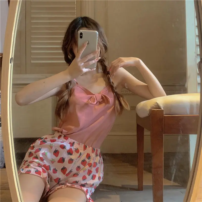 Pajamas for Women Korean Ins Style Strawberry Print Sleepwear Pyjamas Sexy Cute Homesuit Pijamas Summer Sleeveless Kawaii
