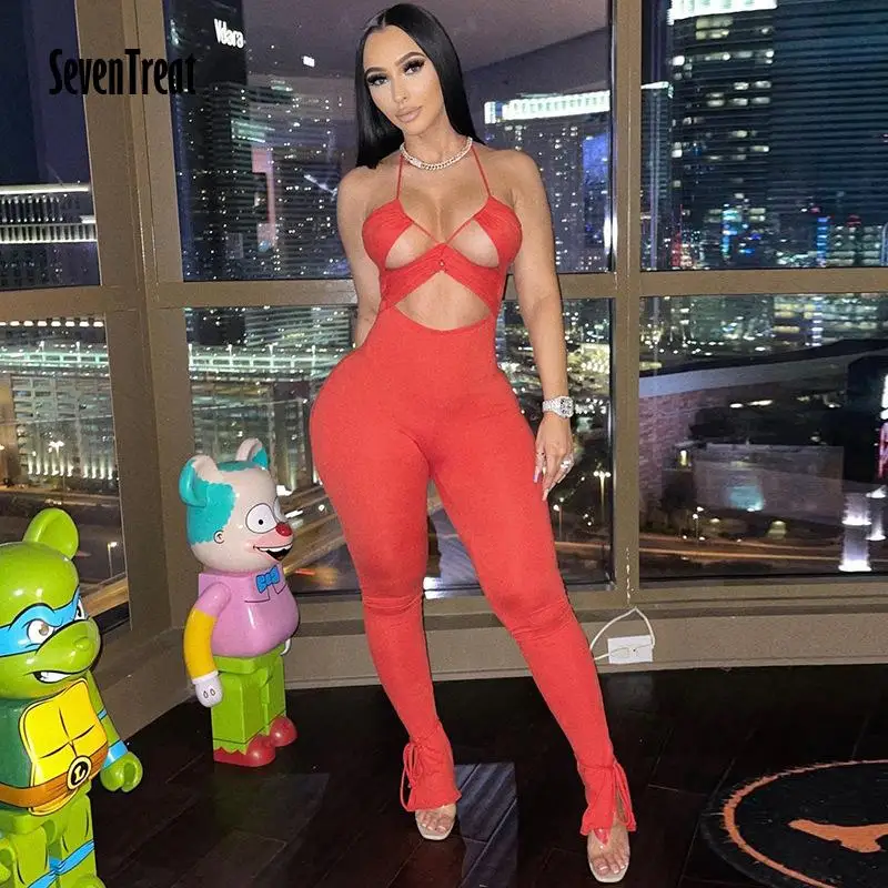 

Hollow Out Solid Female Jumpsuit Sexy Club Party Rompers Summer Off Shoulder Women Clothing New Red Halter Jumpsuits