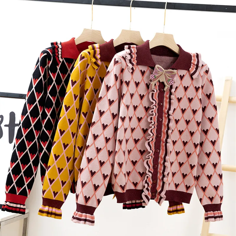 Женский зимний плотный жаккардовый кардиган с оборками длинным рукавом и