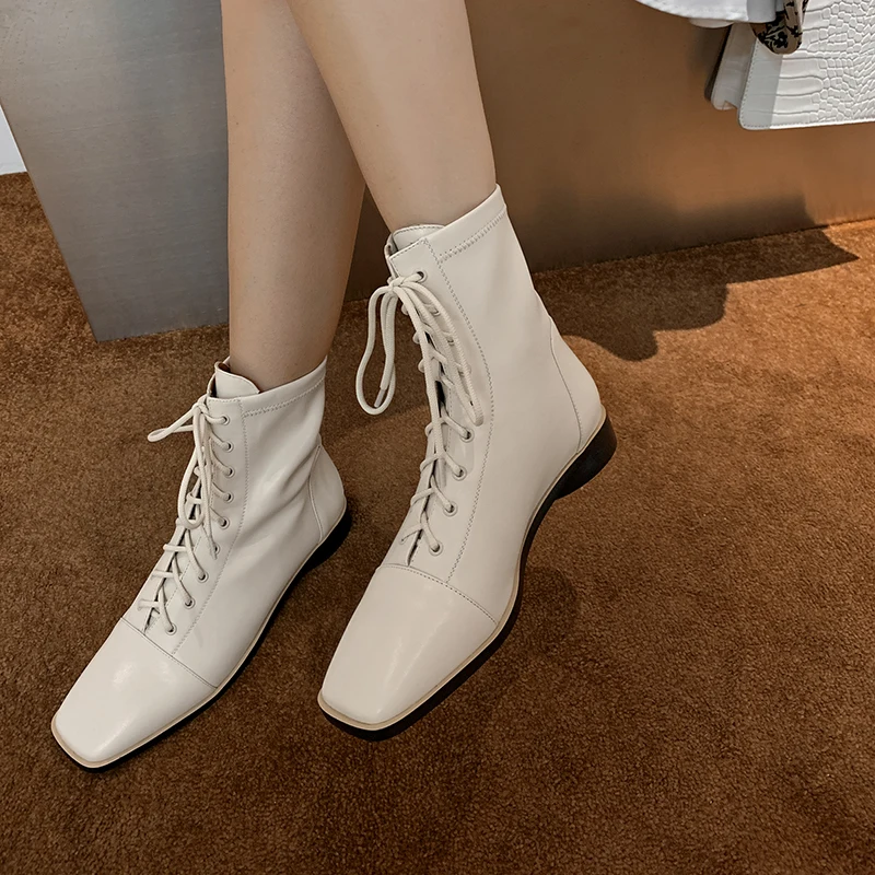 Jual 2020 Musim Semi Dan Musim Gugur Baru Fashion Lace-Up Low-Heel Knight Sepatu All-Match Kulit Square Toe Sepatu Tunggal Wanita X294