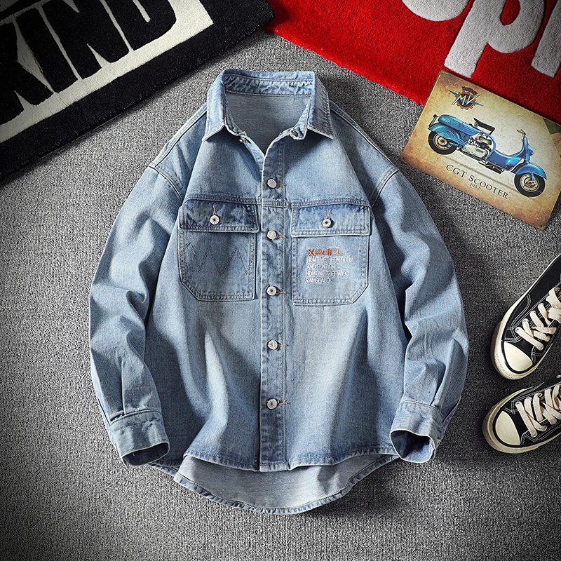 Denim Shirt Men Embroidery Solid Color Pocket Long Sleeve Shirts Male Fashion Sports Loose Plus Size Blouse New Arrival | Мужская одежда