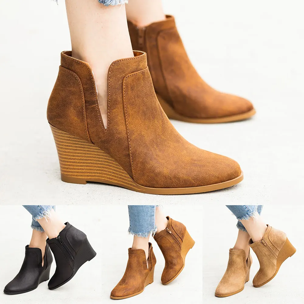 HEFLASHOR/женские ботильоны сезон осень зима теплые ботинки на высокой танкетке