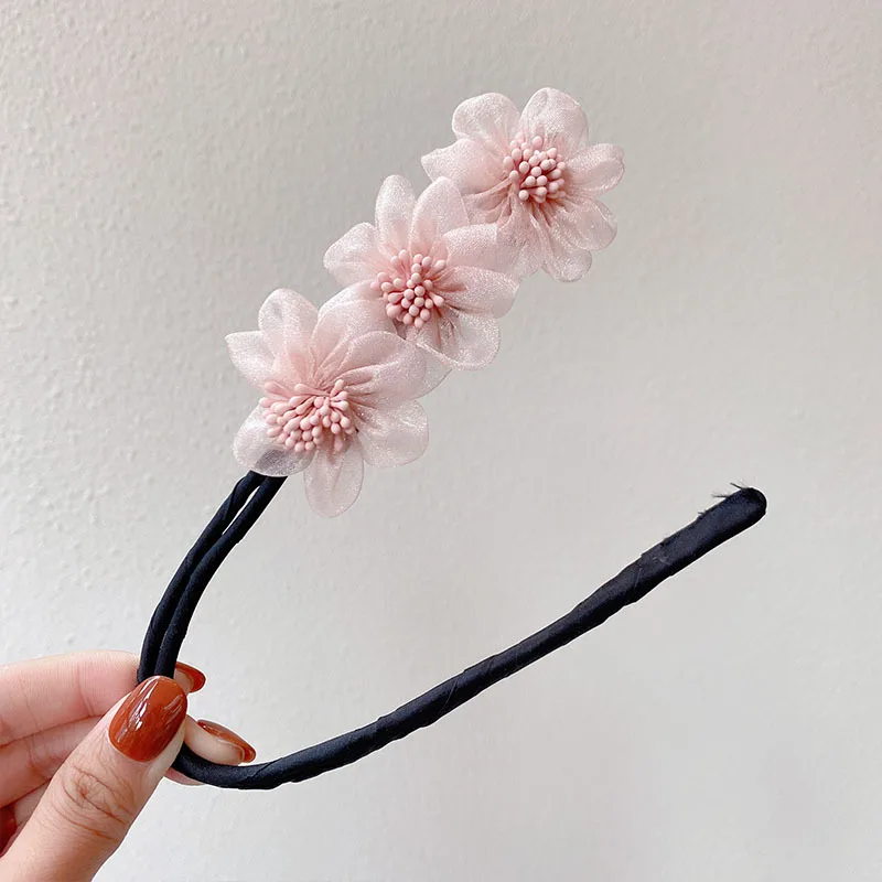 

2 Pcs New Elegant Bud Chiffon Flowers Bun Maruko Hairstyles Making Long Tools Sweet Headband Hairbands Fashion Hair Accessories