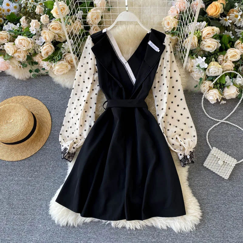 Элегантный блейзер с воротником женское осеннее платье черное Сетчатое