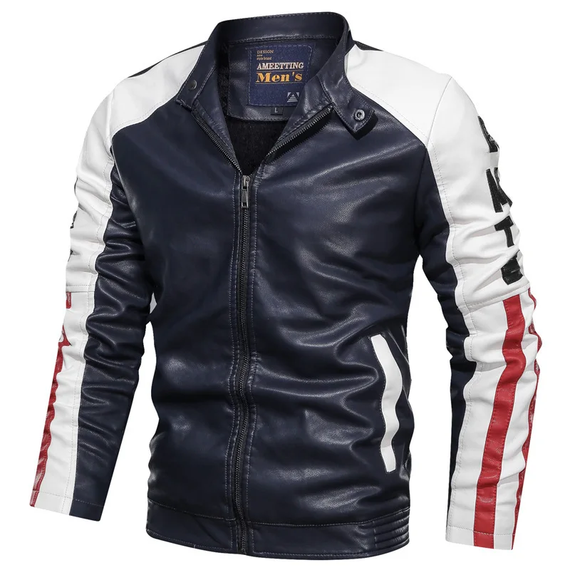 

2019 brand clothing men's leather jacket casual stand collar patchwork jacket winter men's warm Slim motorcycle leather jackets