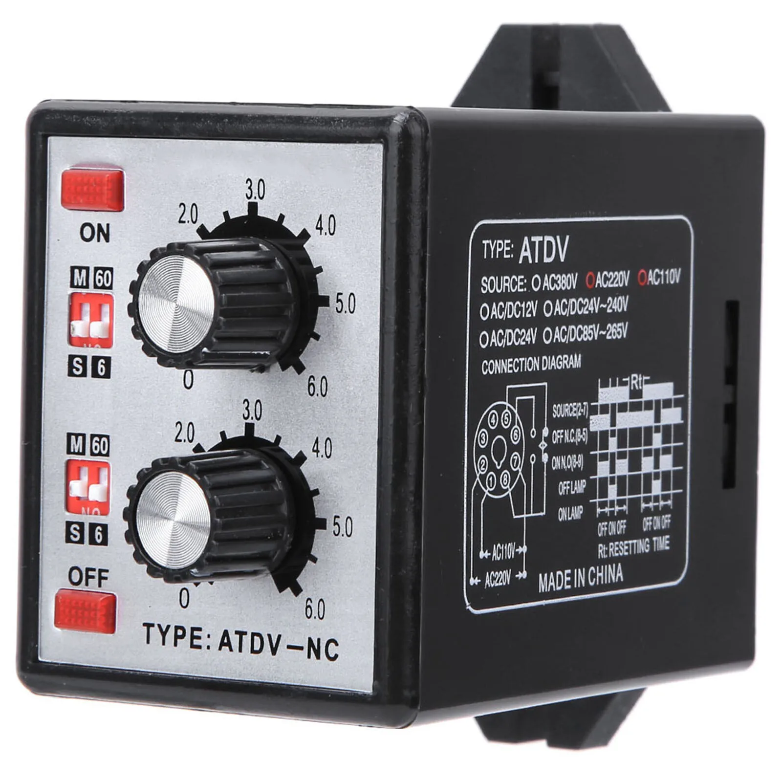 

On Off Twin Timer Relay Knob Control Time Switch ATDV-YC 6S-60M Relay Board AC 110/220V DC 12V DC 14V Electrical Access New