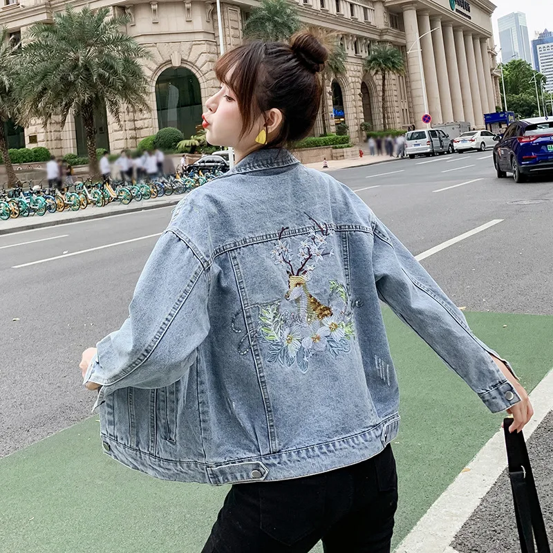 

Women Spring And Autumn 2021 Denim Jackets Turn-down Collar Casual Loose Print Embroidery Fashion Jean Coat Female Outwear