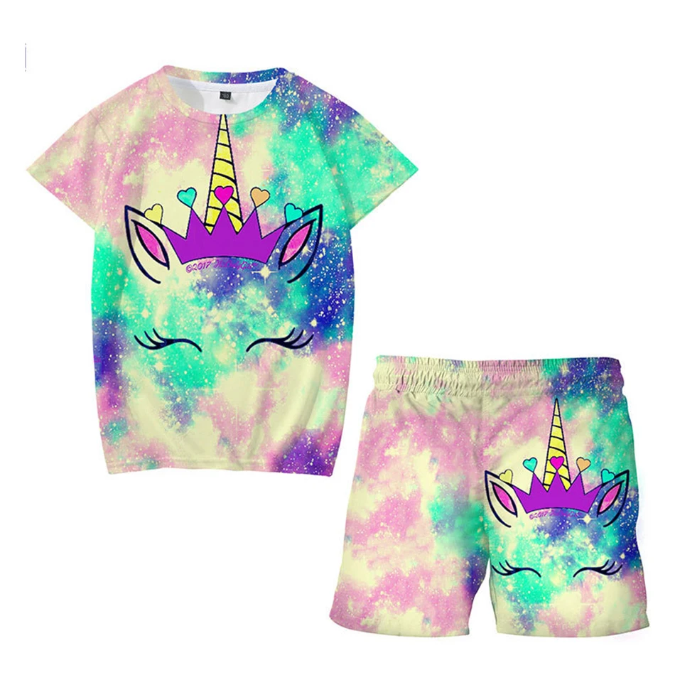Kids Personality 3D Printing Unicorn T-Shirt Suit Boys And Girls Summer Short-Sleeved Tops + Shorts Toddler Kids Beach Clothes