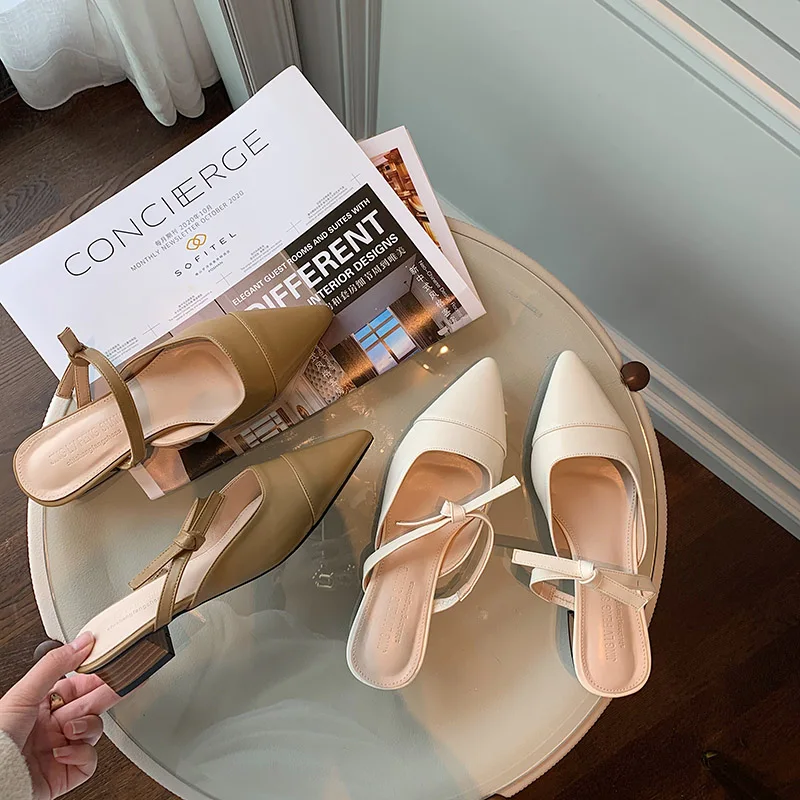 

Pointed Toe Women Slippers Shallow Slides Hollow Design Slip On Thick Mid Heels Khaki/Beige Summer Outdoor Beach Shoes Soft Mule