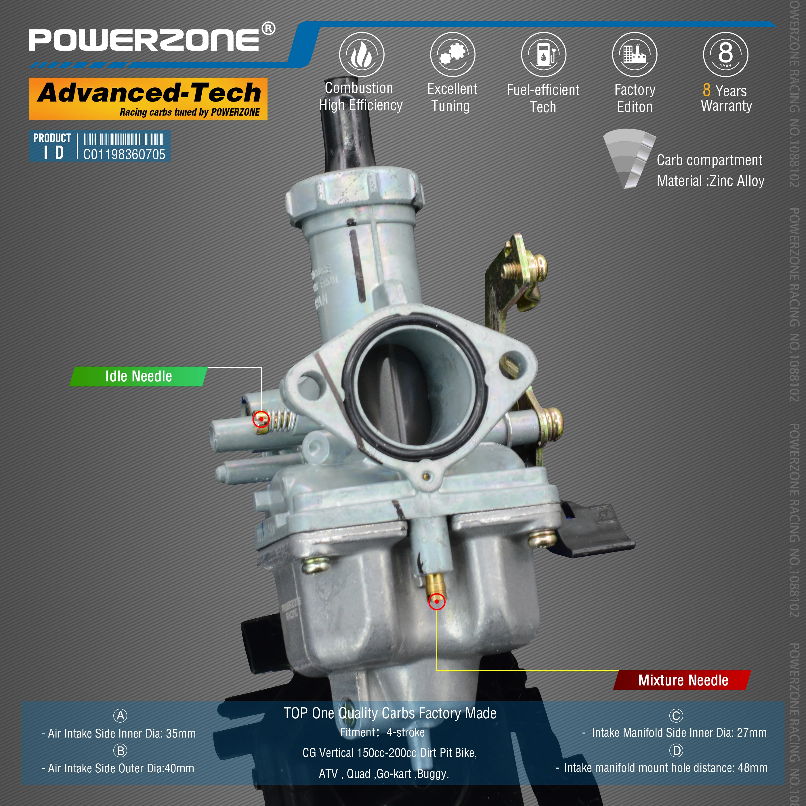 Карбюратор Powerzone PZ27 27 мм карбюратор с насосом акселератора CVK для CG 150 cc-200 куб. См