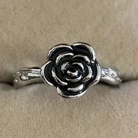 retro ladies black rose flower shaped ring antique silver floral finger ring for women party wedding engagement jewelry