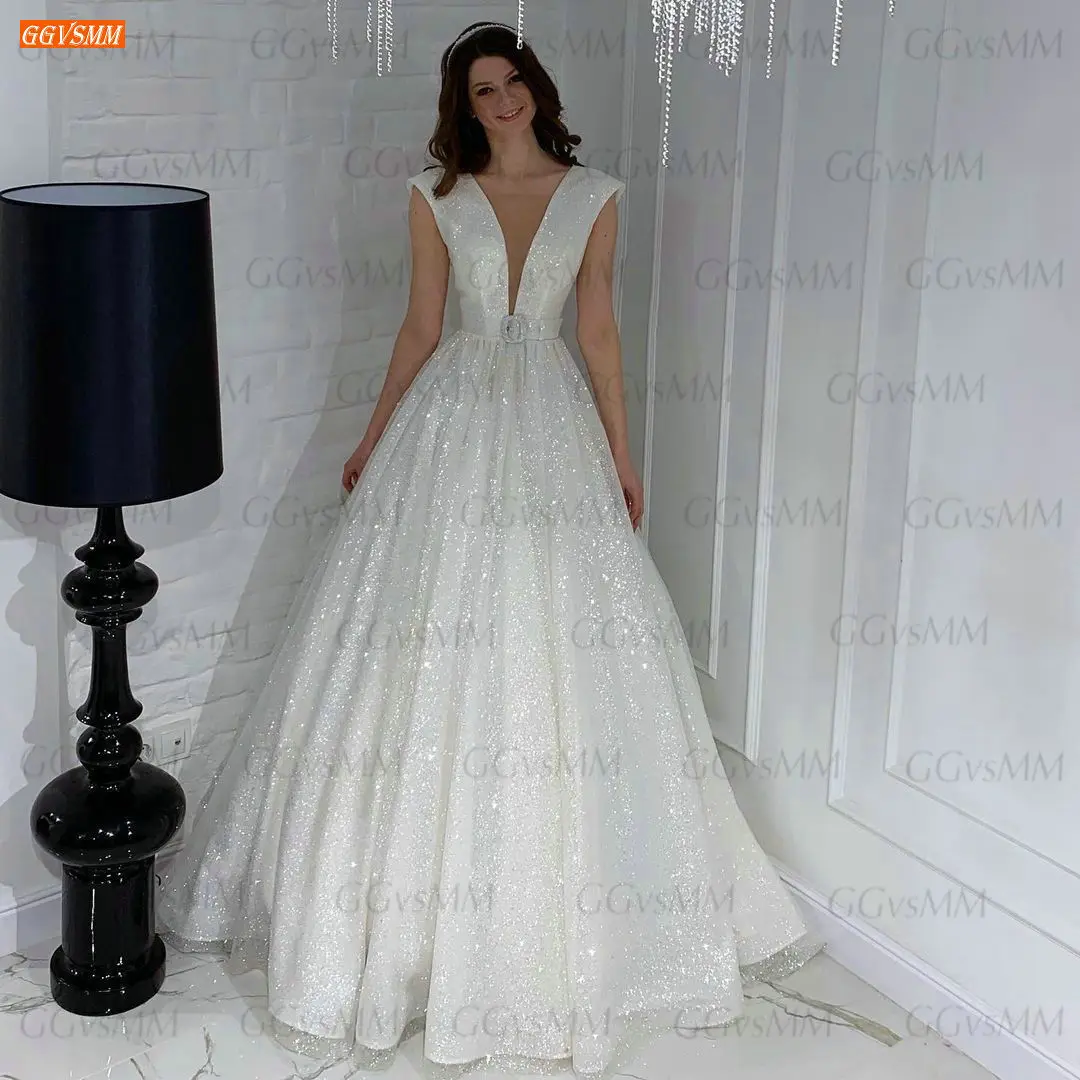 

Блестящие Свадебные платья цвета слоновой кости 2021 халат De Mariée Белый богемный корсет сексуальные свадебные платья с глубоким вырезом на сп...