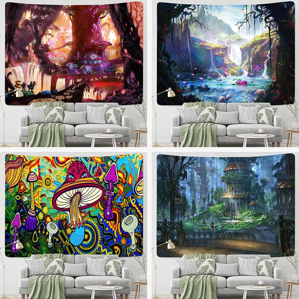 

Fluorescent Mushroom Castle Wall Hanging Tapestry Nature Art Castle Bird Psychedelic Carpet Magical Forest Tree 200X150cm Large