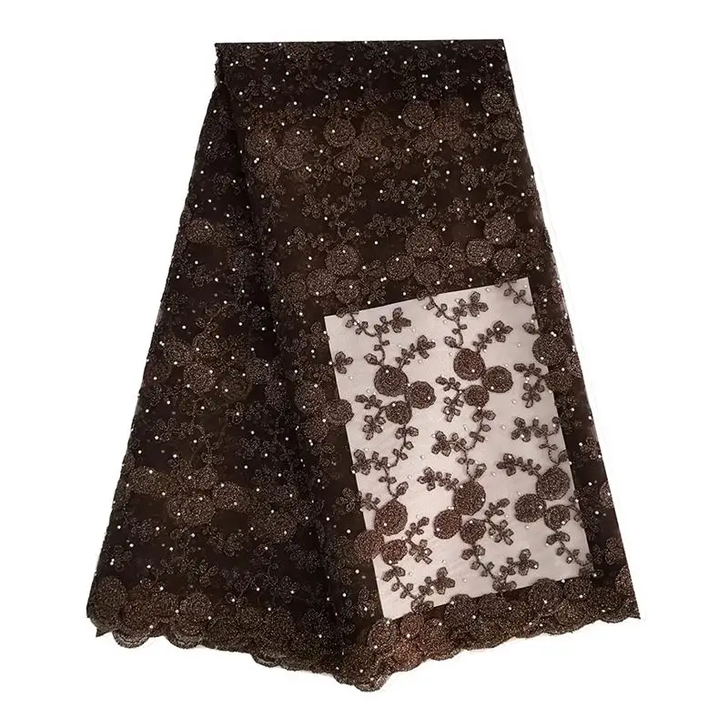 Coffee lace fabric Цветочная зеленая кружевная ткань 5 ярдов/партия Тюль Чистая кружевная Французская ткань с камнями вышивка африканская кружевная ткань для aso ebi платье - Цвет: Coffee lace fabric