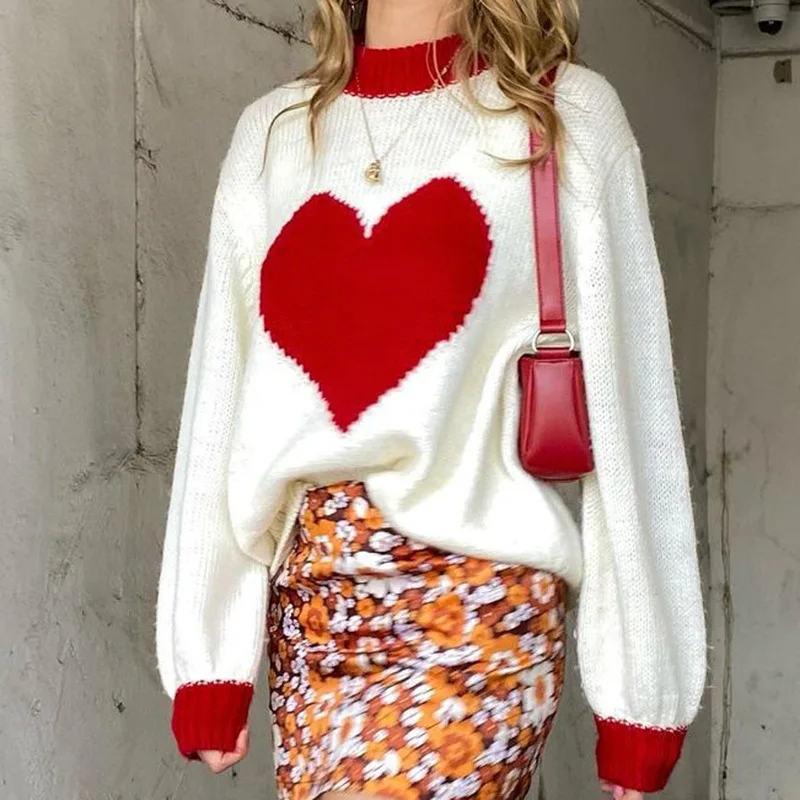 

Autumn Winter Sweaters Women Round Neck Pullovers Long Sleeve Heart Print Casual Loose Knit Pullover Tops Jumpers Female New