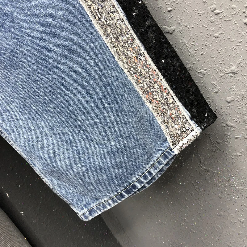 

SHENGPALAE Personlaity Sequin Jeans Women's Spring 2021 New High Waist Thin Wide Leg Fashion Straight Denim Pants Female 5B918