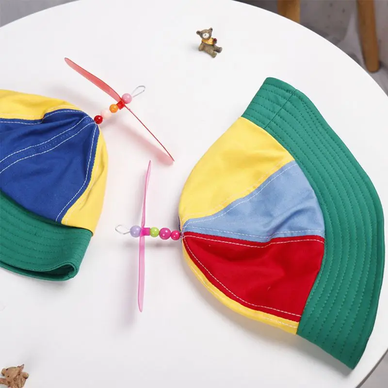 

Children Kids Cotton Helicopter Propeller Bucket Cap Color Block Patchwork Dragonfly Beaded Summer Sun Protection Fisherman Hat