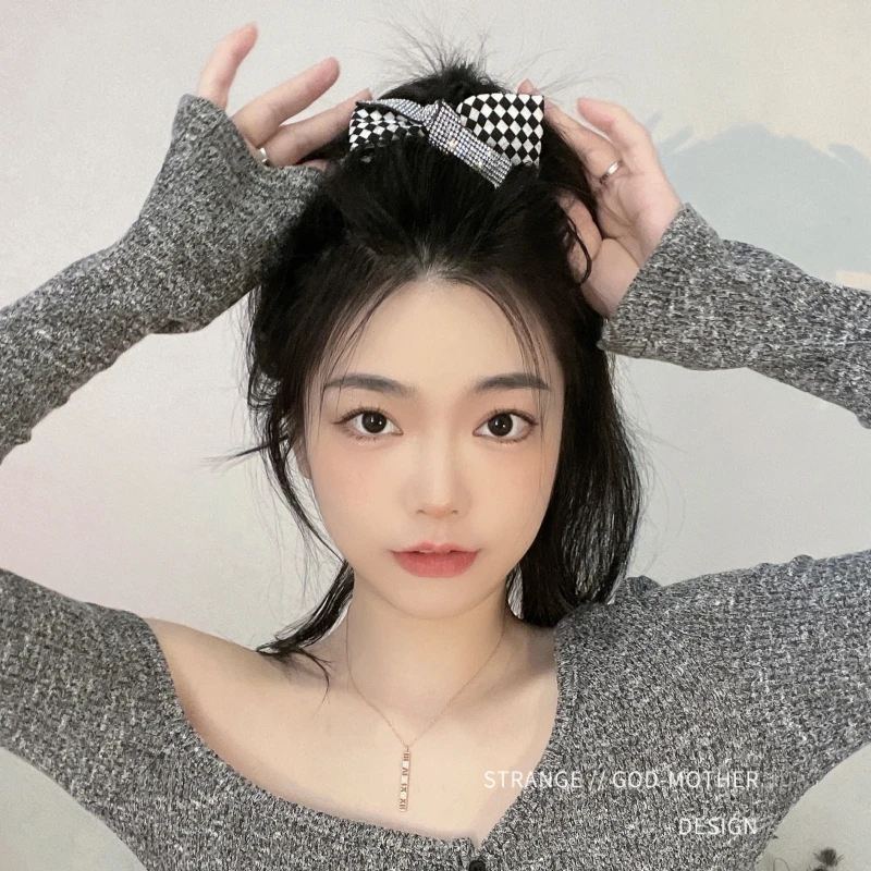 

Square grid pattern, bowknot full drill hair circle female tie ball head tied back head ornament South Korea INS head rope