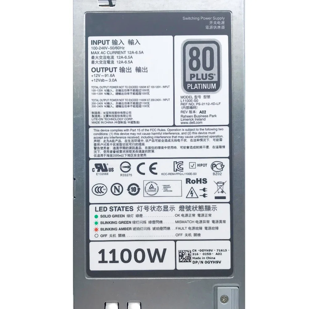SZWXZY оригинальный CN-0GYH9V для DELL R520 R620 R720 T620 T420 Мощность сервера Питание 0GYH9V GYH9V L1100E-S0