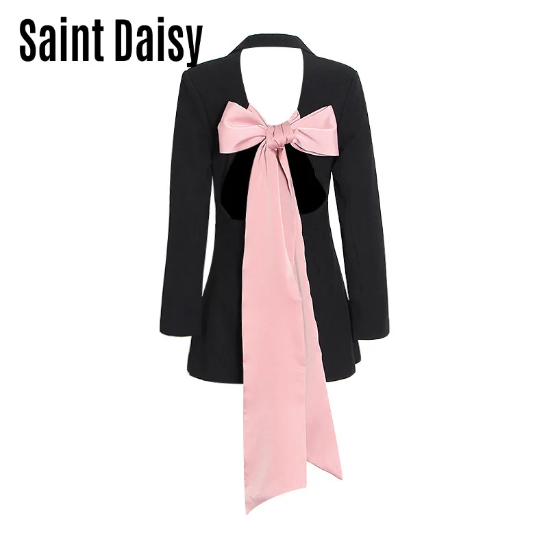 Blazer Women Crop Black Jacket Short Ladies Office Top Pink Sashes Big Size Clothing Patchwork French Fashion Designer 22506