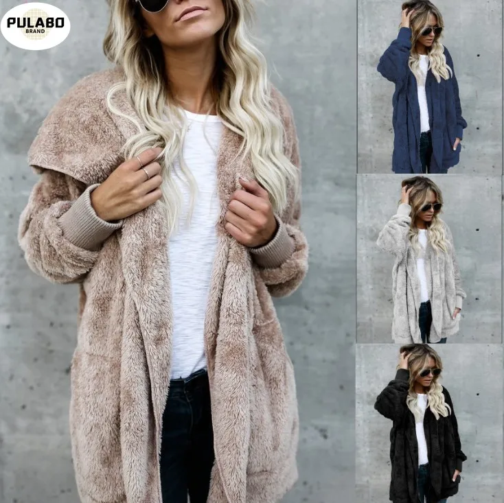 

Womens Fuzzy Fleece Jacket Solid Open Front Hooded Cardigan Coats Outwear with Pockets