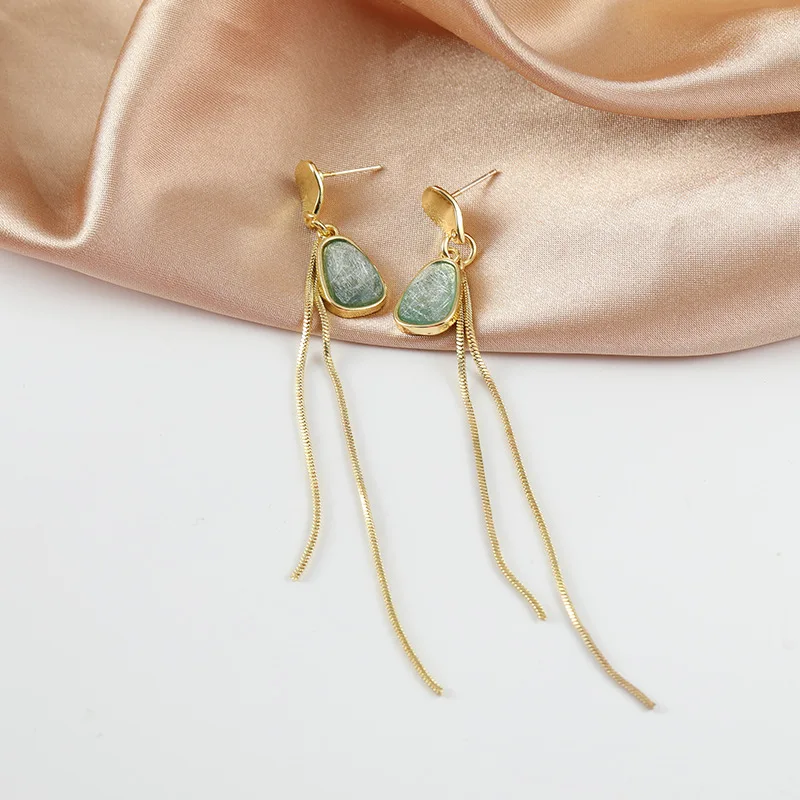Корейские элегантные висячие серьги в форме капли для женщин с зелеными