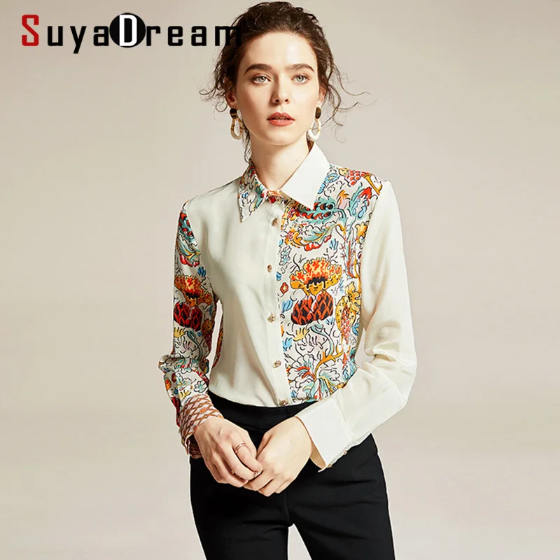 SuyaDream женские блузки с принтом 100% шелк креп длинный рукав отложной воротник