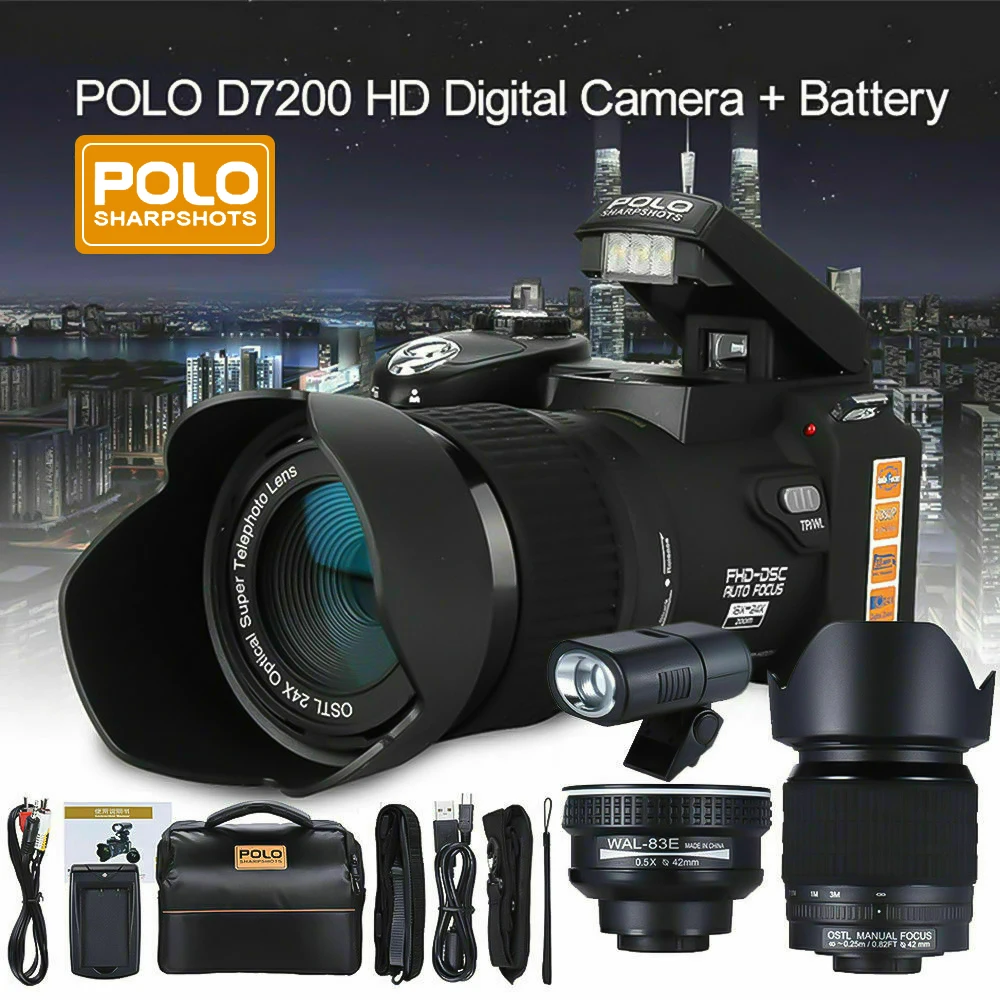 

D7200 Digital Cameras 33MP Auto Focus DSLR Video Cameras 24X Telephotos Lens & 8X Digital zoom Wide Angle Lens LED Spotlight