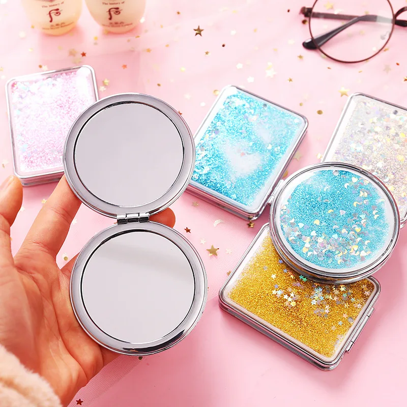 

Mini Makeup Mirror Pocket Round Mirror Portable Double-Sided Folding Magnify Cosmetic Mirror Female Gifts Flowing Sparkling Sand