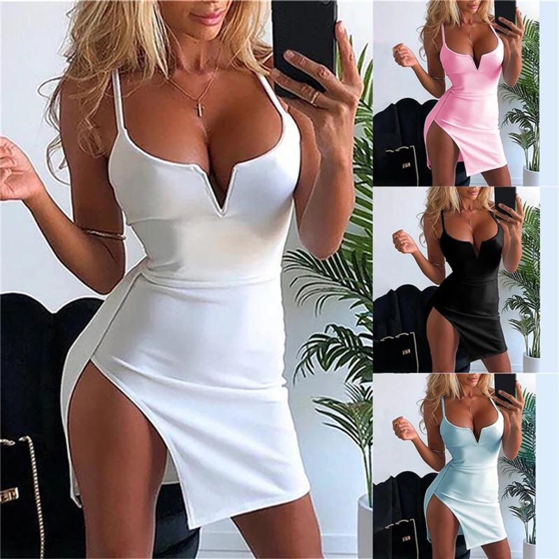 

Ladies Sexy Dress High Side Split Deep V Neck Sleeveless Female Dress Y2k Backless Mini Fashion Sheath Dresses