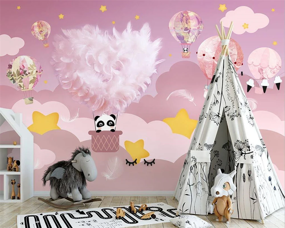 3D wallpaper feather hot air balloon pink cartoon children's room background wall bedroom self-adhesive waterproof stickers |