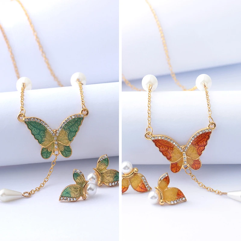 

Elegant Necklace Set Earrings Set Fashion Ladies Jewelry Set Imitation Pearl Butterfly Earrings Butterfly Pendant Necklace