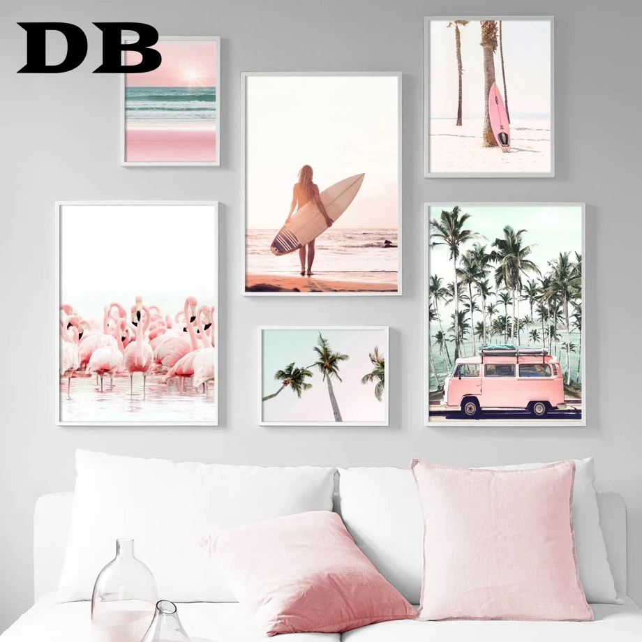 

Pink Beach Flamingo Palm Tree Surfboard Wall Art Canvas Painting Nordic Posters And Prints Wall Pictures For Living Room Decor