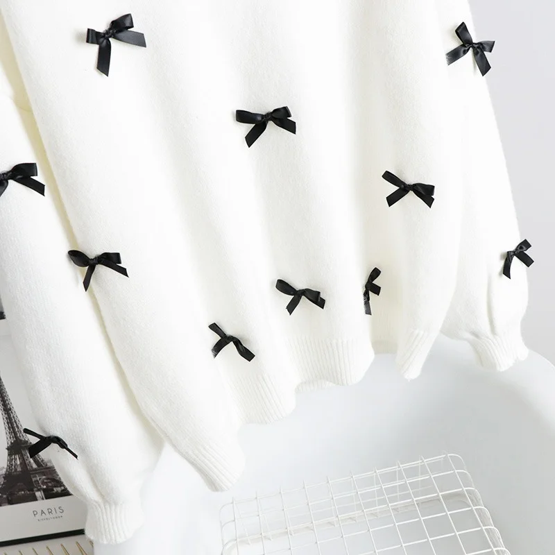 

Women Pullover Tops Loose Knitwear Ladies Knitted Sweater Bow Puff Sleeve O-Nec Lazy Sweater